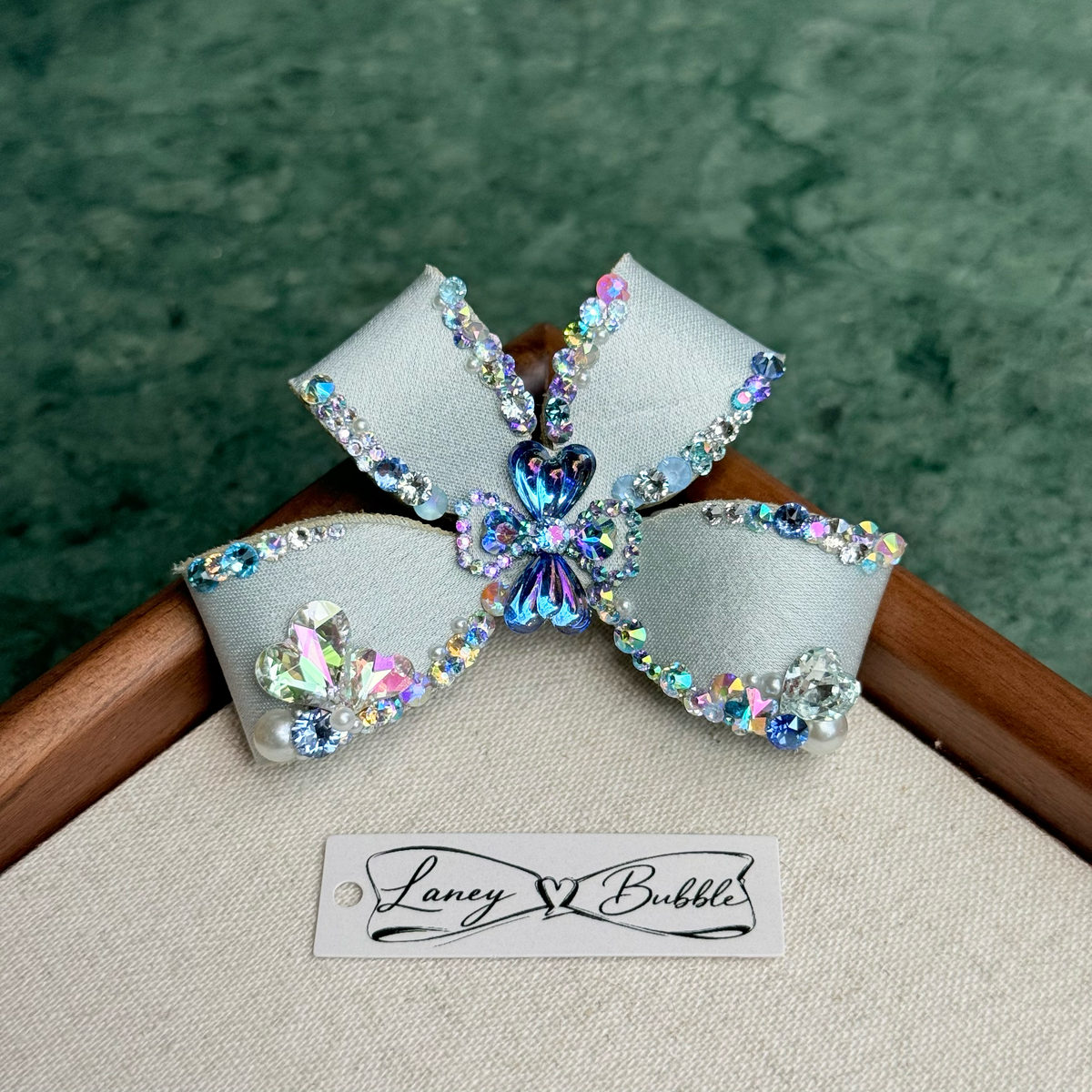 Blue Crystal Clover Couture Bow Clip