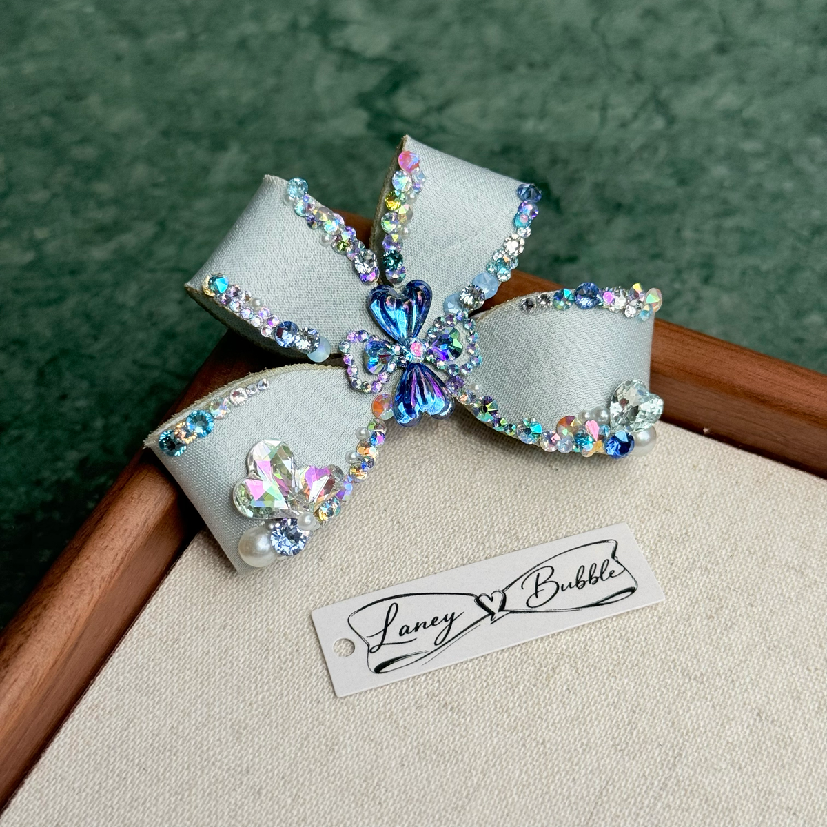 Blue Crystal Clover Couture Bow Clip