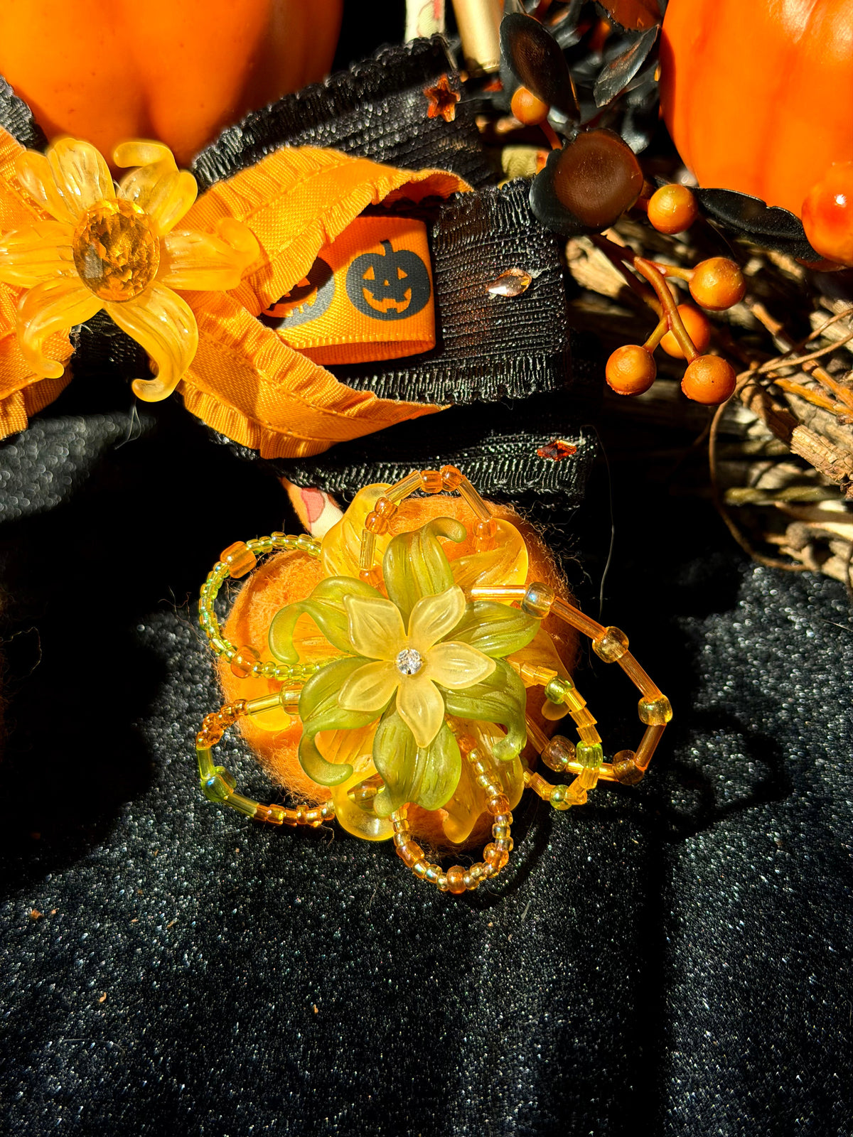 Wicked Pumpkin Floral Dog Necklace
