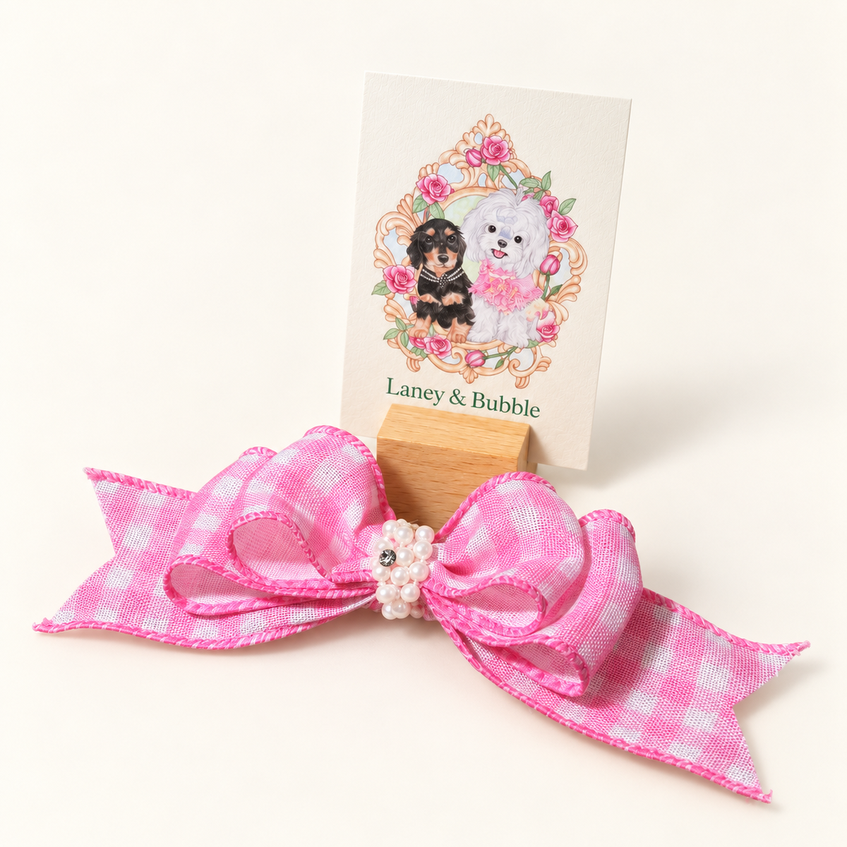 Pink Pearl Gingham Wired Bow Clip